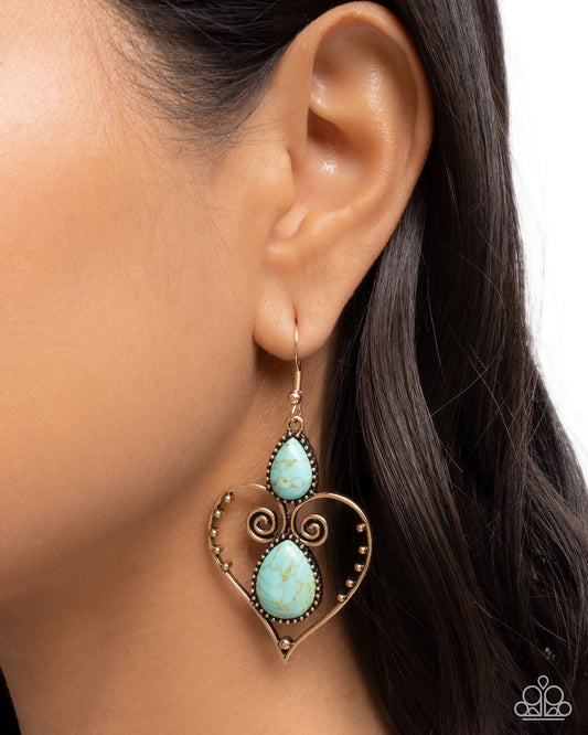Selfless Stones - Gold Heart Frame Blue Marbled Turquoise Stone Santa Fe Style Earring Paparazzi E2915