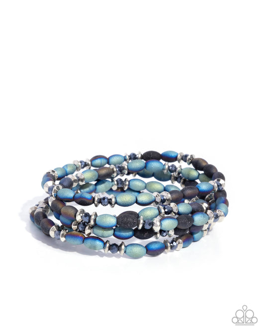 Paparazzi Final Impression - Black & Blue Iridescent Brushed Bead Set Of 5 Stretch Bracelets B2414