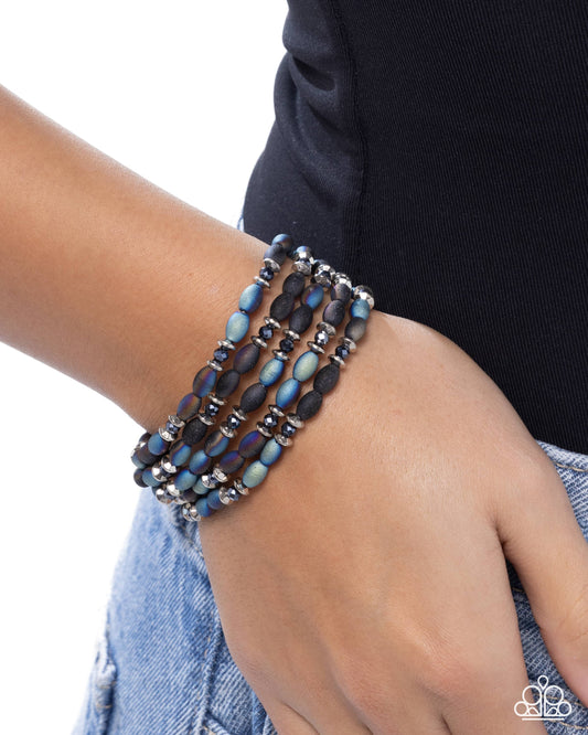 Paparazzi Final Impression - Black & Blue Iridescent Brushed Bead Set Of 5 Stretch Bracelets B2414