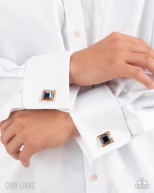Reasonable Radiance - Blue Gem, White Rhinestone Gold French Cuff Link Paparazzi C016