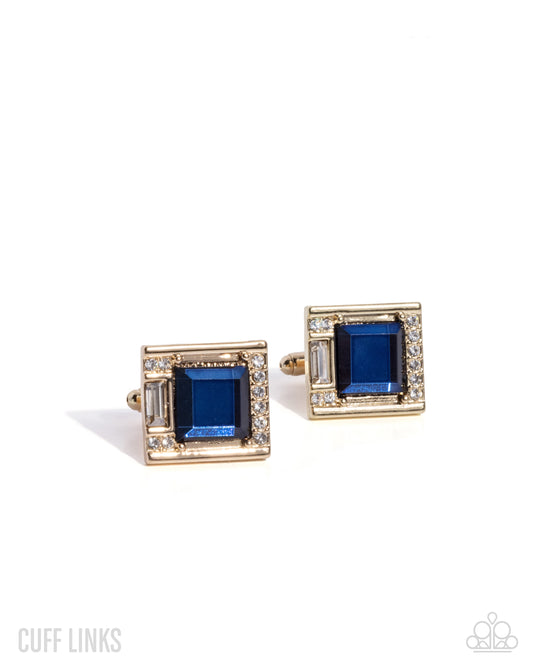 Reasonable Radiance - Blue Gem, White Rhinestone Gold French Cuff Link Paparazzi C016