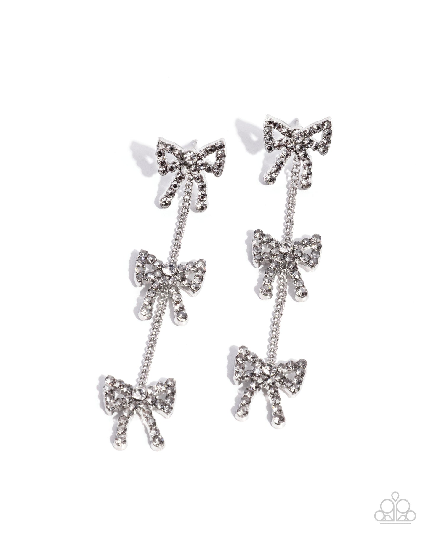 Paparazzi Coquette Course - Silver Rhinestone Bow Earrings E3397