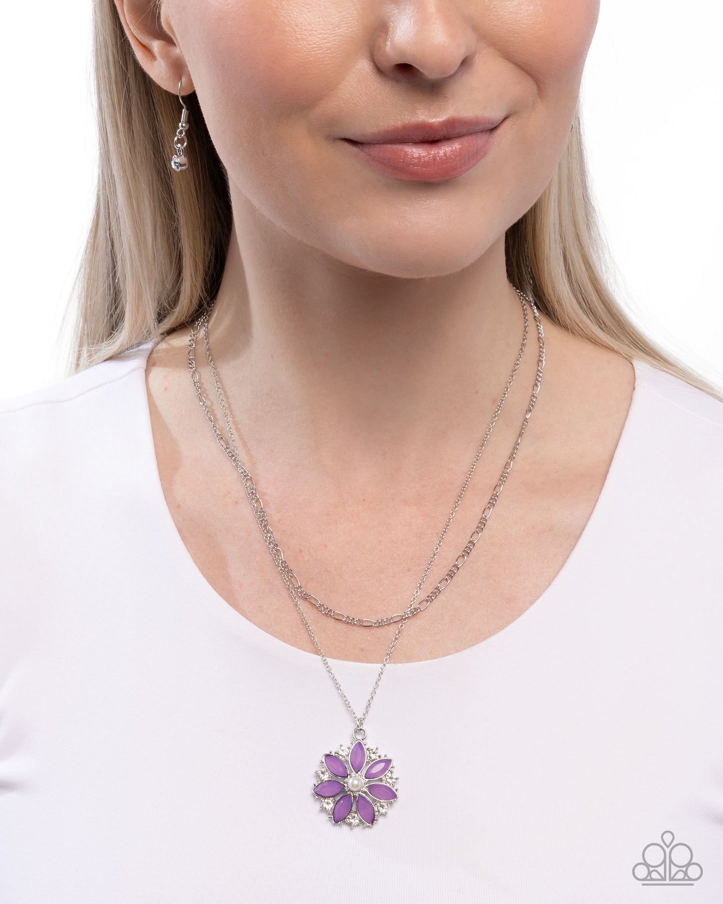 Paparazzi Floral File - Purple, White Pearl & Rhinestone Flower Necklace