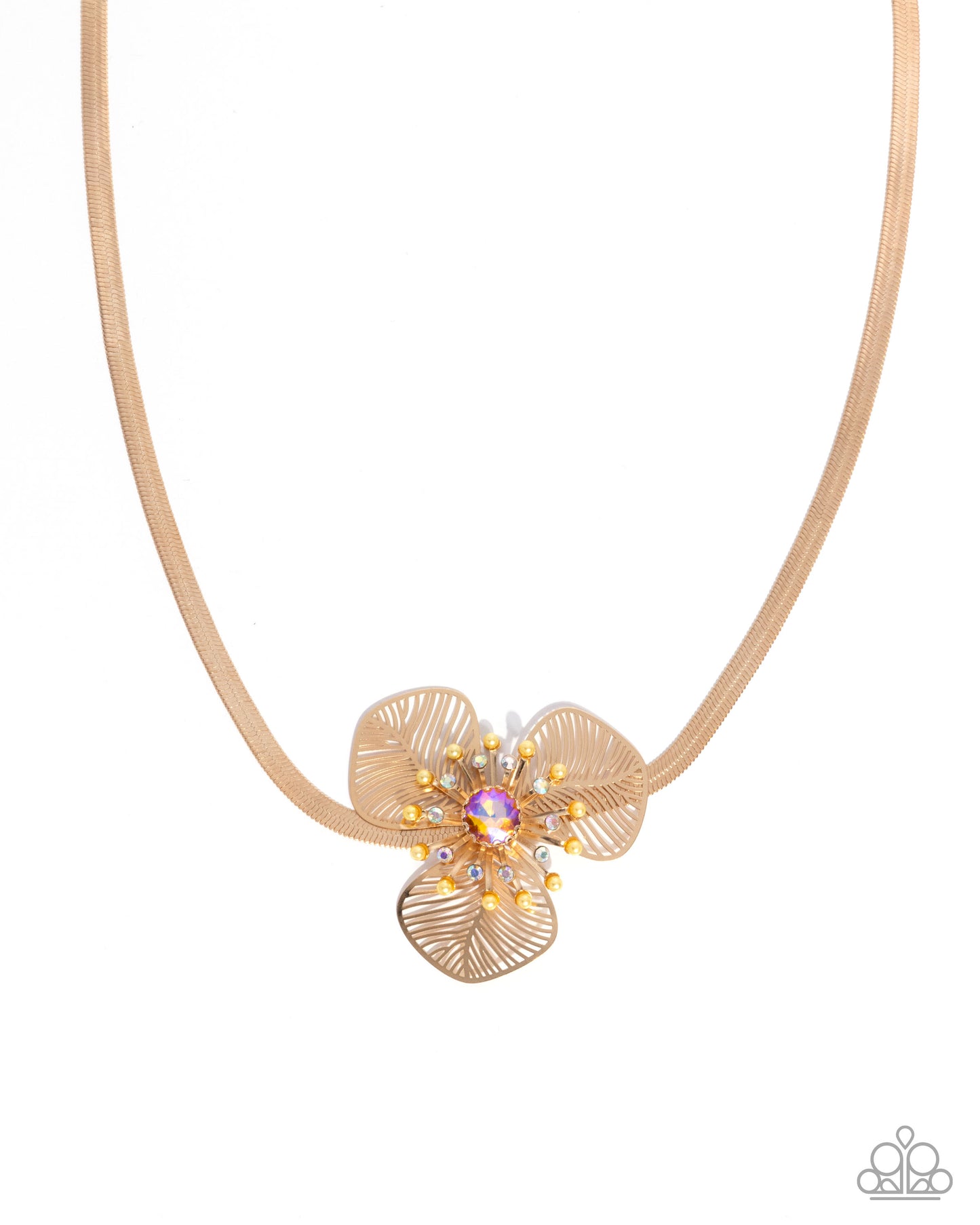Paparazzi Valiantly Verdant - Yellow Iridescent Gem Gold Flower Snake Chain Necklace N4014