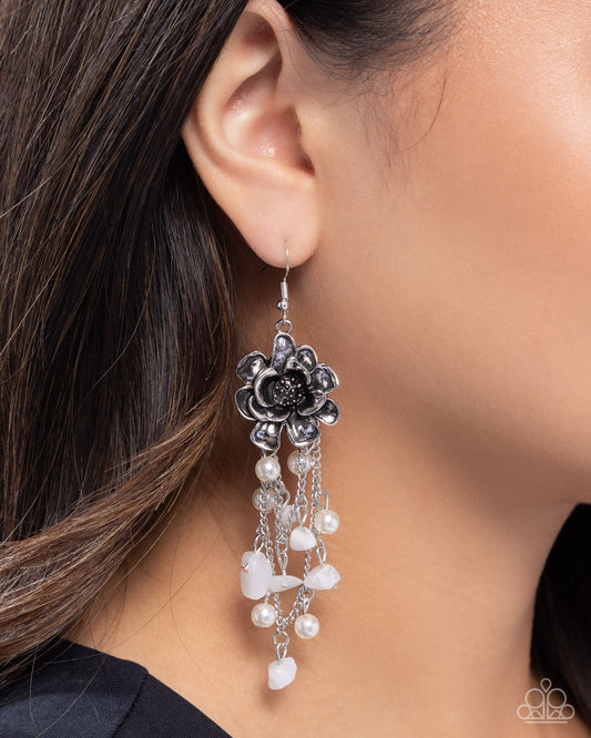 Carefree Cascade - White Pearl, Stone & Silver Flower Earring Paparazzi E2641