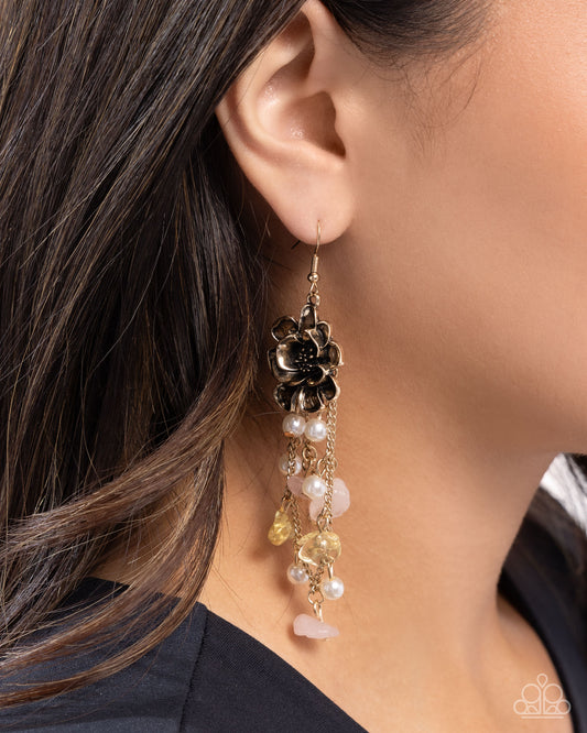 Carefree Cascade - Yellow & Pink Stone Antiqued Gold 3D Flower Earring Paparazzi E2690