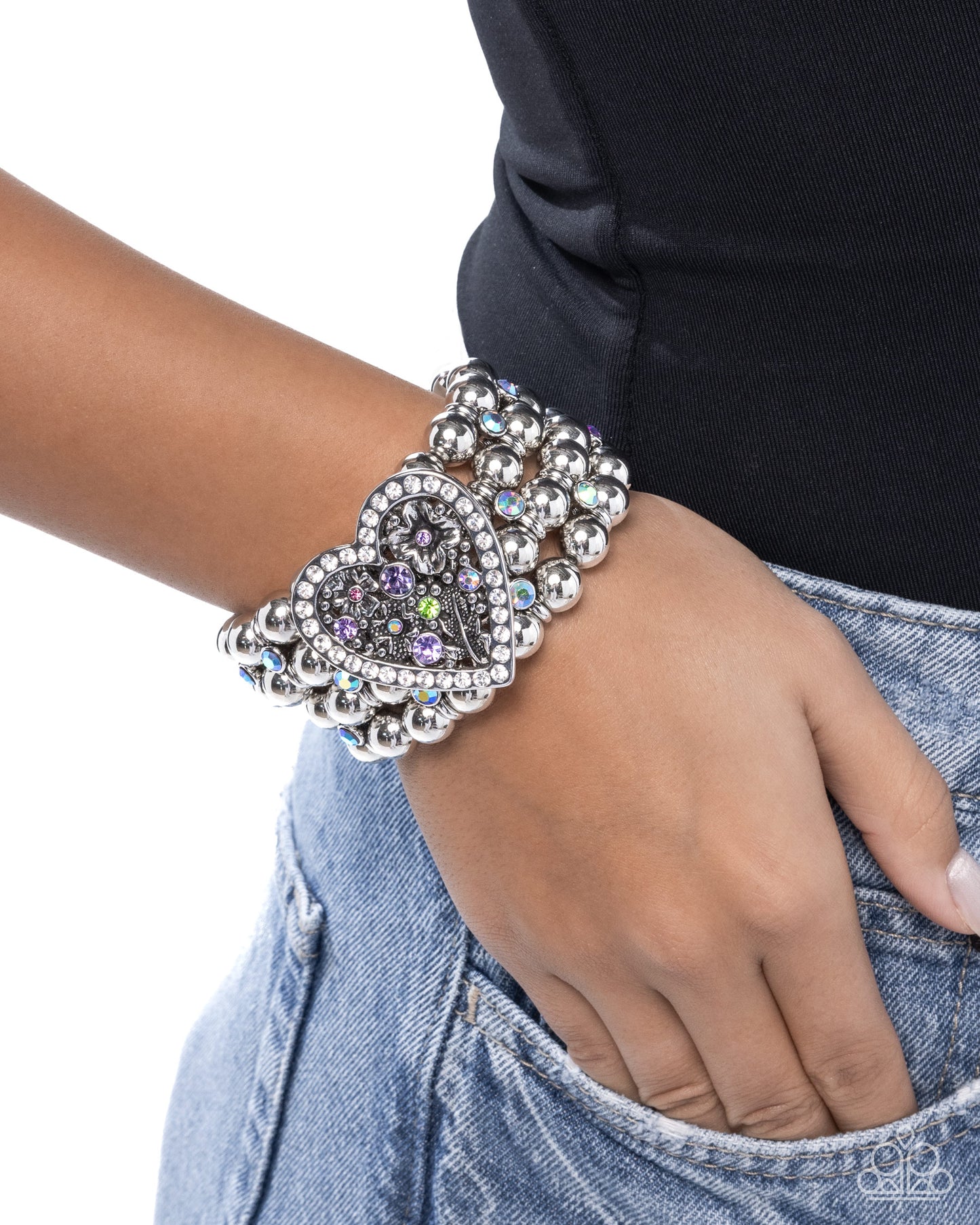 Personal History - Purple Amethyst, Violet & Iridescent Rhinestone Filigree Heart Stretch Bracelet Paparazzi B2220