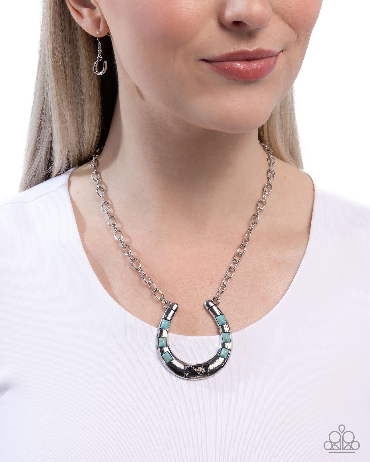 Paparazzi Horseshoe Homage - Black & Blue Turquoise Stone Horseshoe Necklace Santa Fe Style N3666