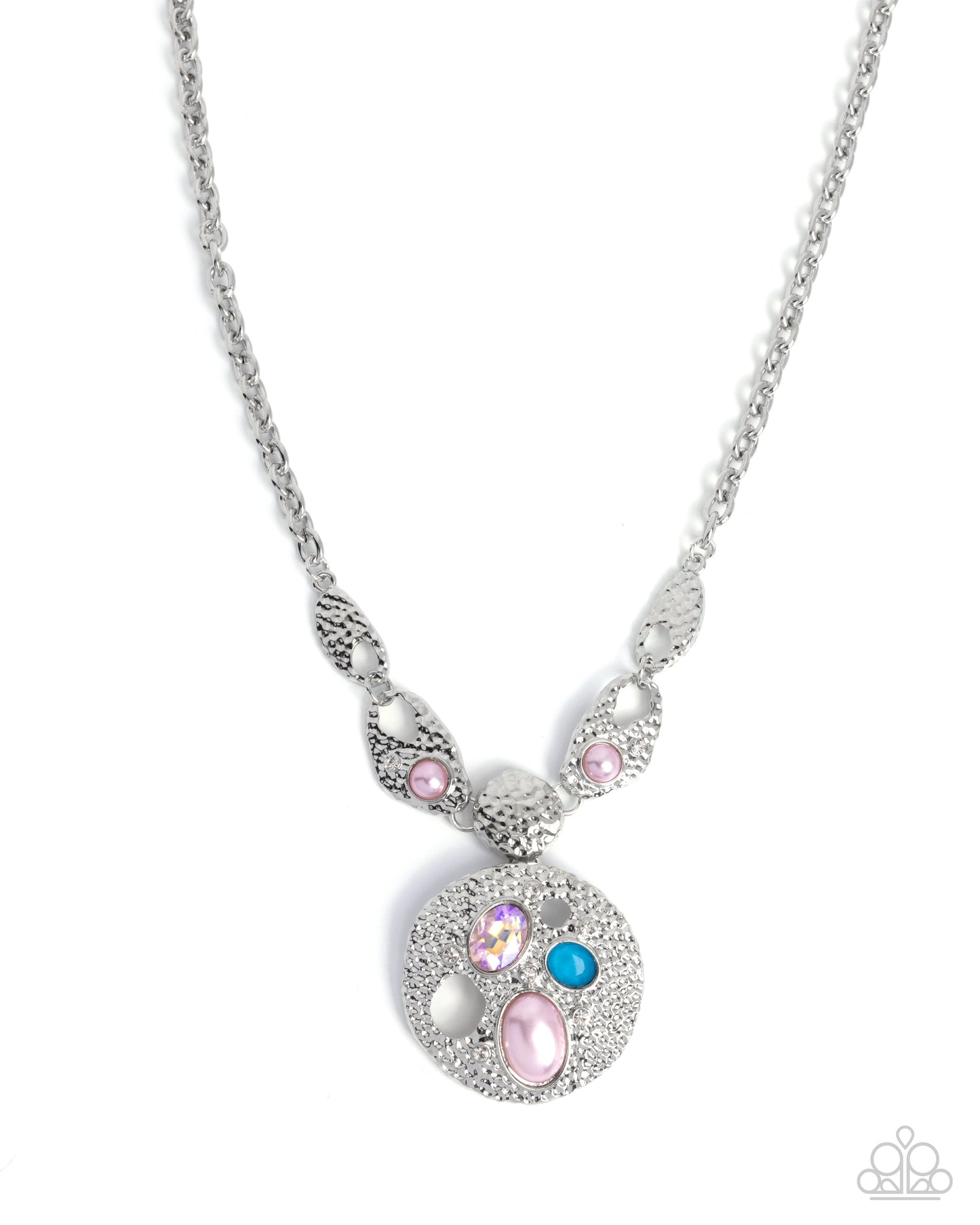 Paparazzi Dreamy Design - Pink, Bright Blue Gems & White Pearl Bead Silver Necklace N3905