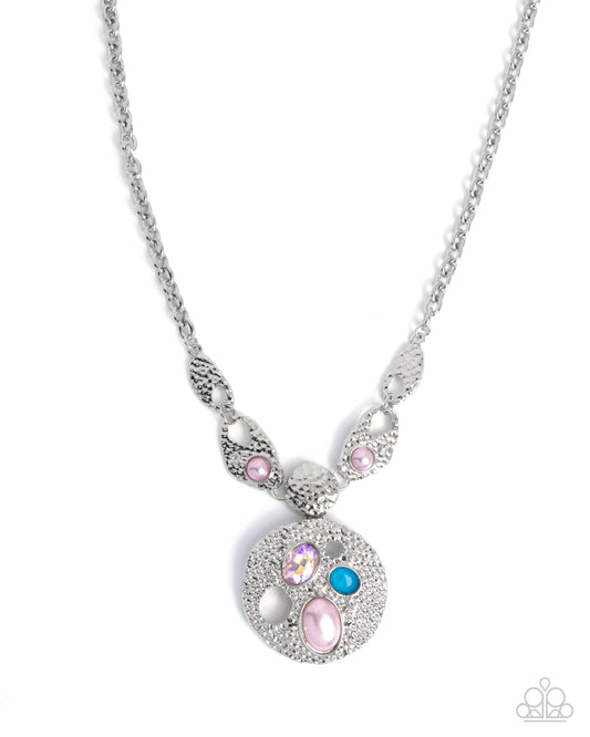 Paparazzi Dreamy Design - Pink, Bright Blue Gems & White Pearl Bead Silver Necklace N3905