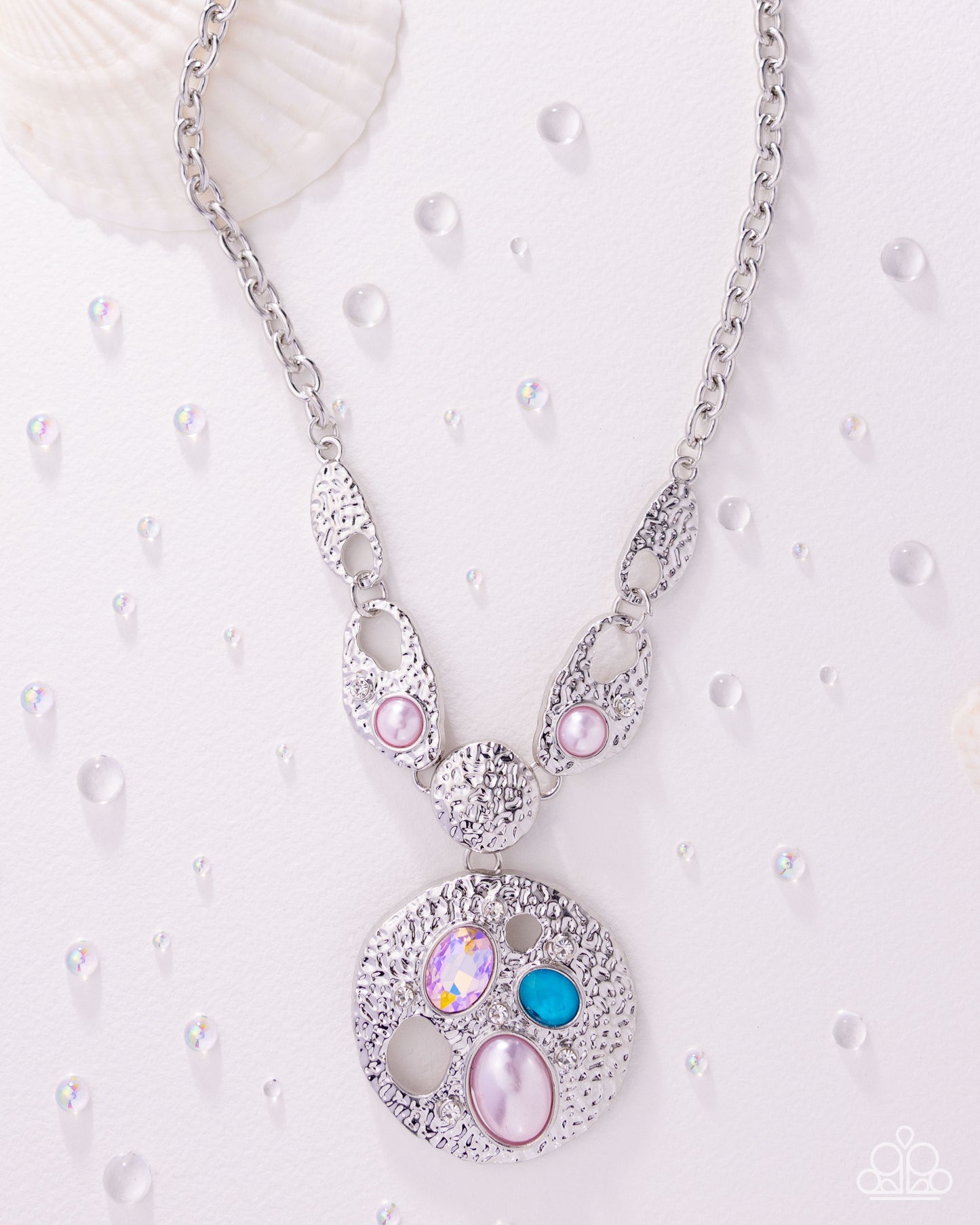 Paparazzi Dreamy Design - Pink, Bright Blue Gems & White Pearl Bead Silver Necklace N3905