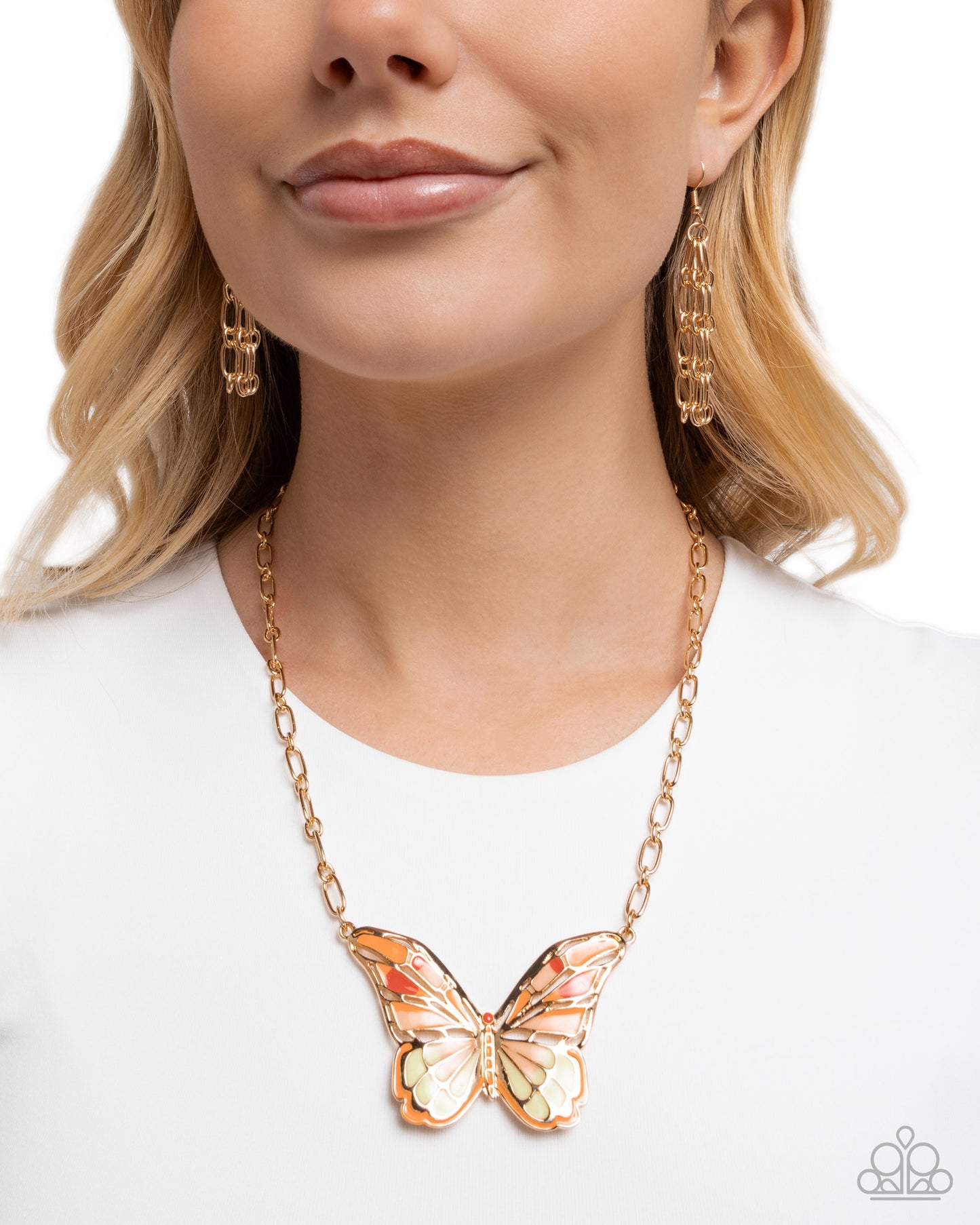 Paparazzi Aerial Accolade - Orange, Peach Pink, Lime Cream, Burnt Orange Gold Butterfly Necklace N3742