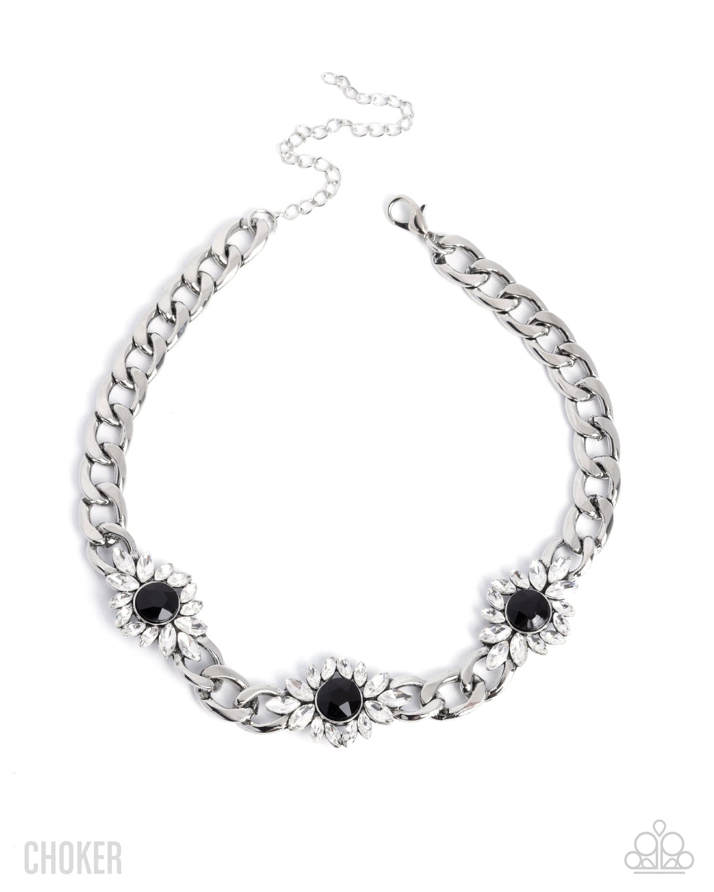 Paparazzi Industrial Intro - Black & White Gem Silver Sunburst Choker Necklace N3743