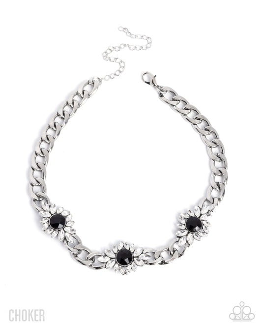 Paparazzi Industrial Intro - Black & White Gem Silver Sunburst Choker Necklace N3743