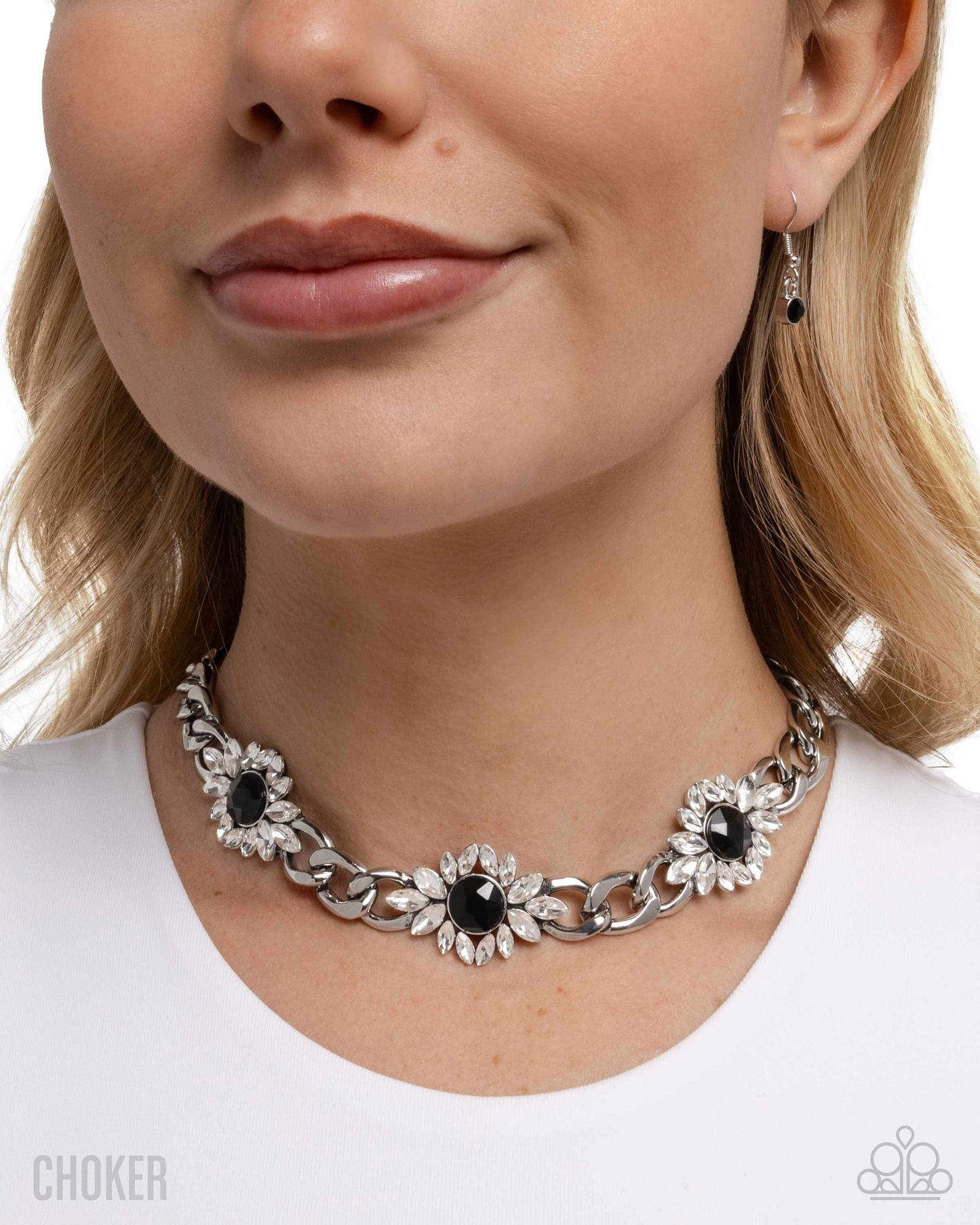 Paparazzi Industrial Intro - Black & White Gem Silver Sunburst Choker Necklace N3743