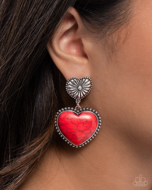 Rustic Reinvention - Red Stone Silver Heart Earring Santa Fe Style Paparazzi