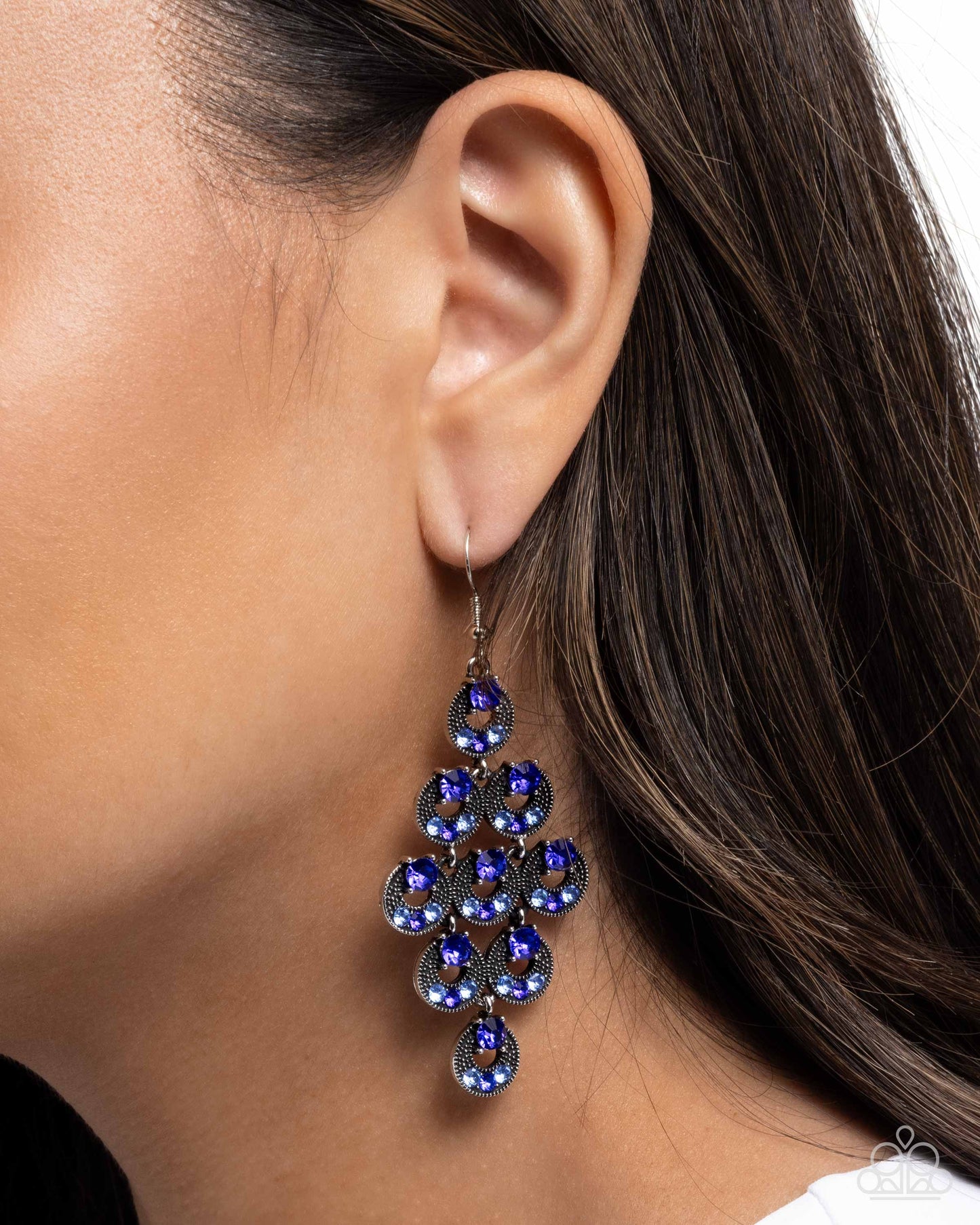 Find Your Sparkle - Blue Sapphire Rhinestone Tiered Silver Earring Paparazzi E3116