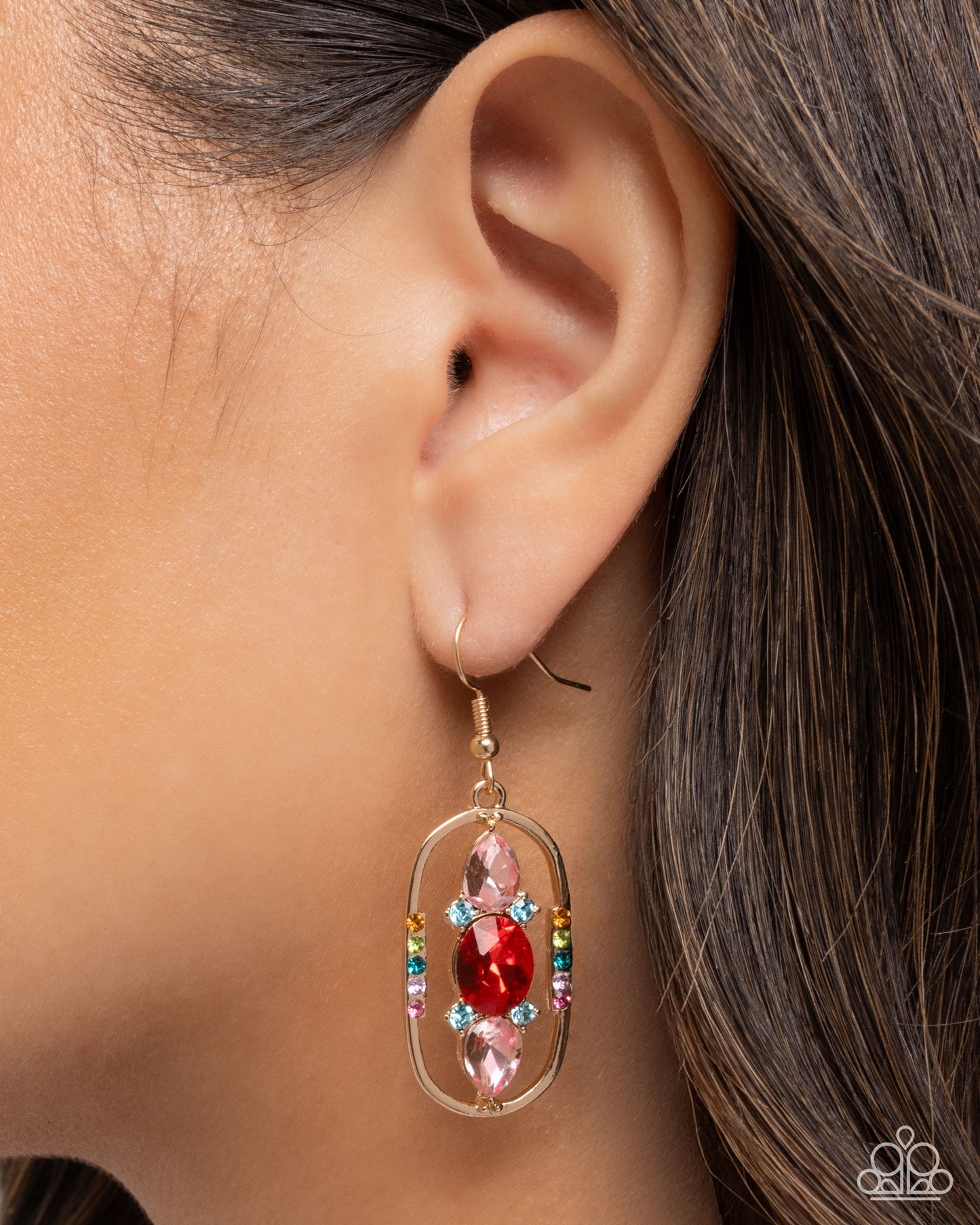 Sit and Stare - Red Gem & Multicolored Rhinestone Earring Paparazzi E2914