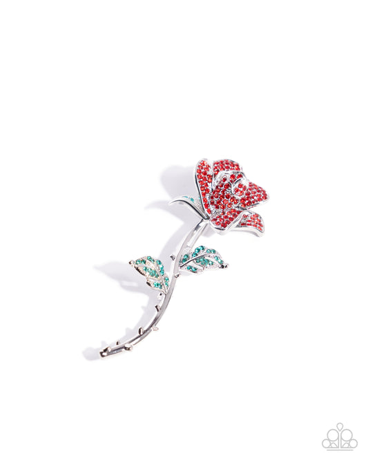 Reliable Rose - Red & Malachite Rhinestone Rose Lapel Pin Brooch Paparazzi