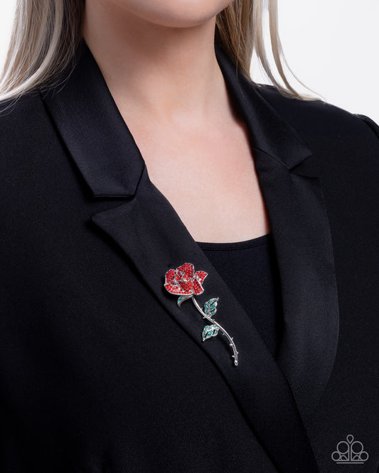 Reliable Rose - Red & Malachite Rhinestone Rose Lapel Pin Brooch Paparazzi