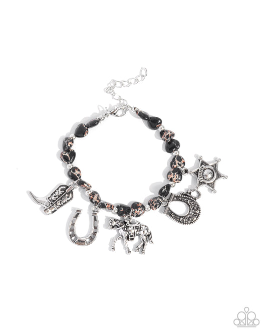 Cowboy Chorus - Black Marbled Stone Heart, Silver Western Charm Cowboy Boot, Horseshoe, Stirrup Santa Fe Style Bracelet Paparazzi B2247