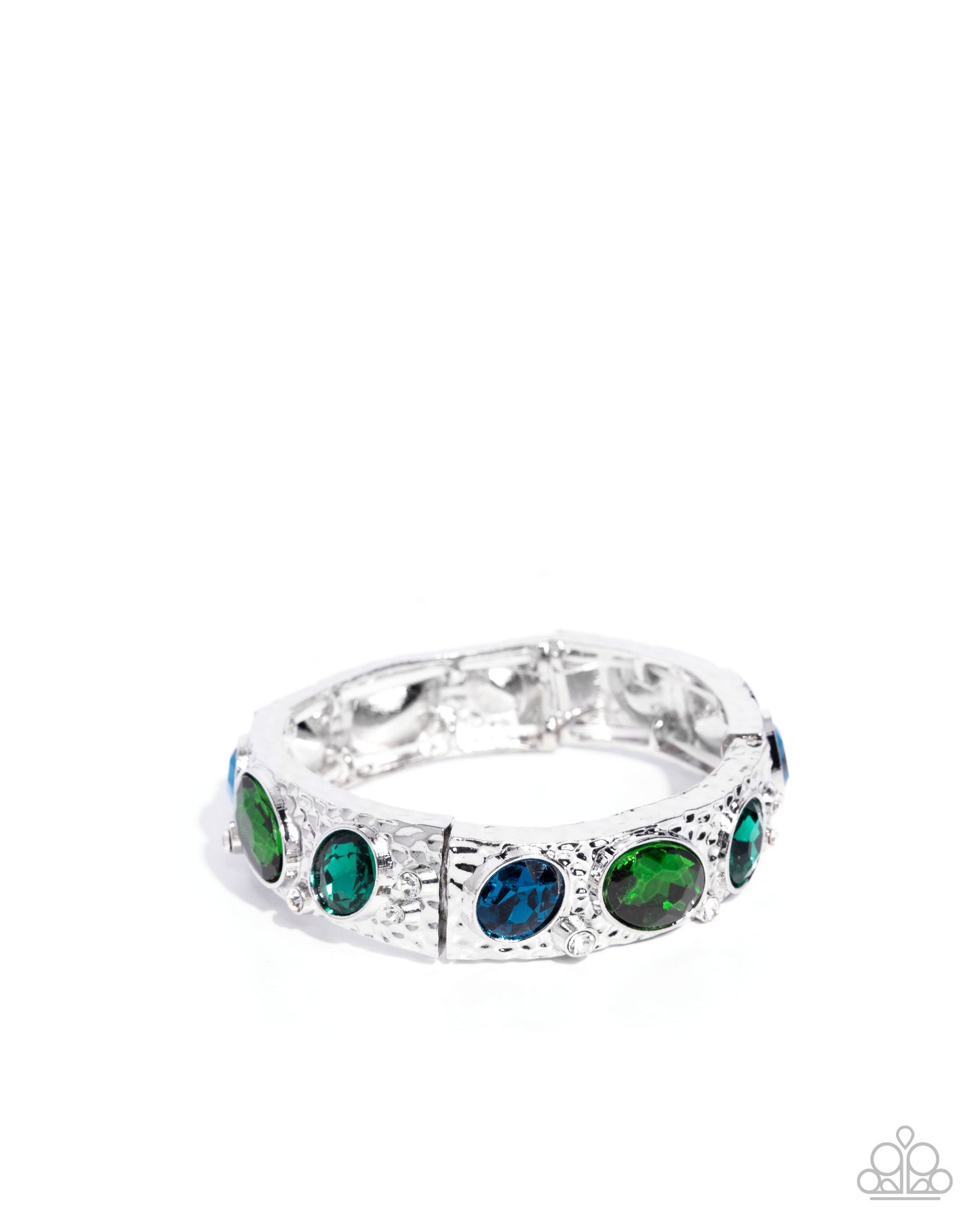 Colorful Castle - Green & Blue Multicolored Oval Gems Hammered Silver Stretch Bracelet Paparazzi B2388