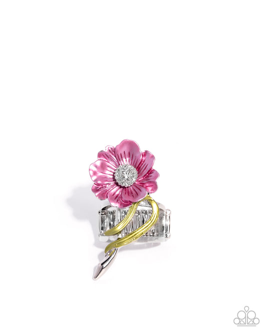 Better Blooms - Pink Painted Flower White Rhinestone Ring Paparazzi R1100