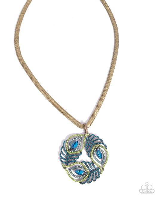 Peacock Patchwork - Brass Snake Chain Peacock Feather Style Pendant Necklace Paparazzi