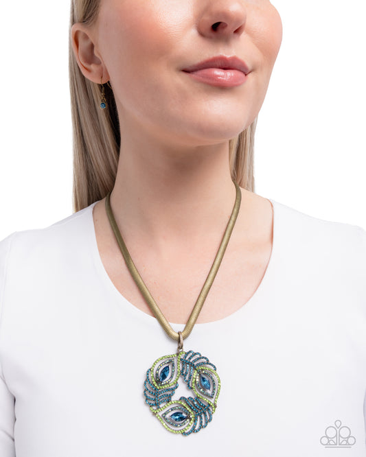Peacock Patchwork - Brass Snake Chain Peacock Feather Style Pendant Necklace Paparazzi