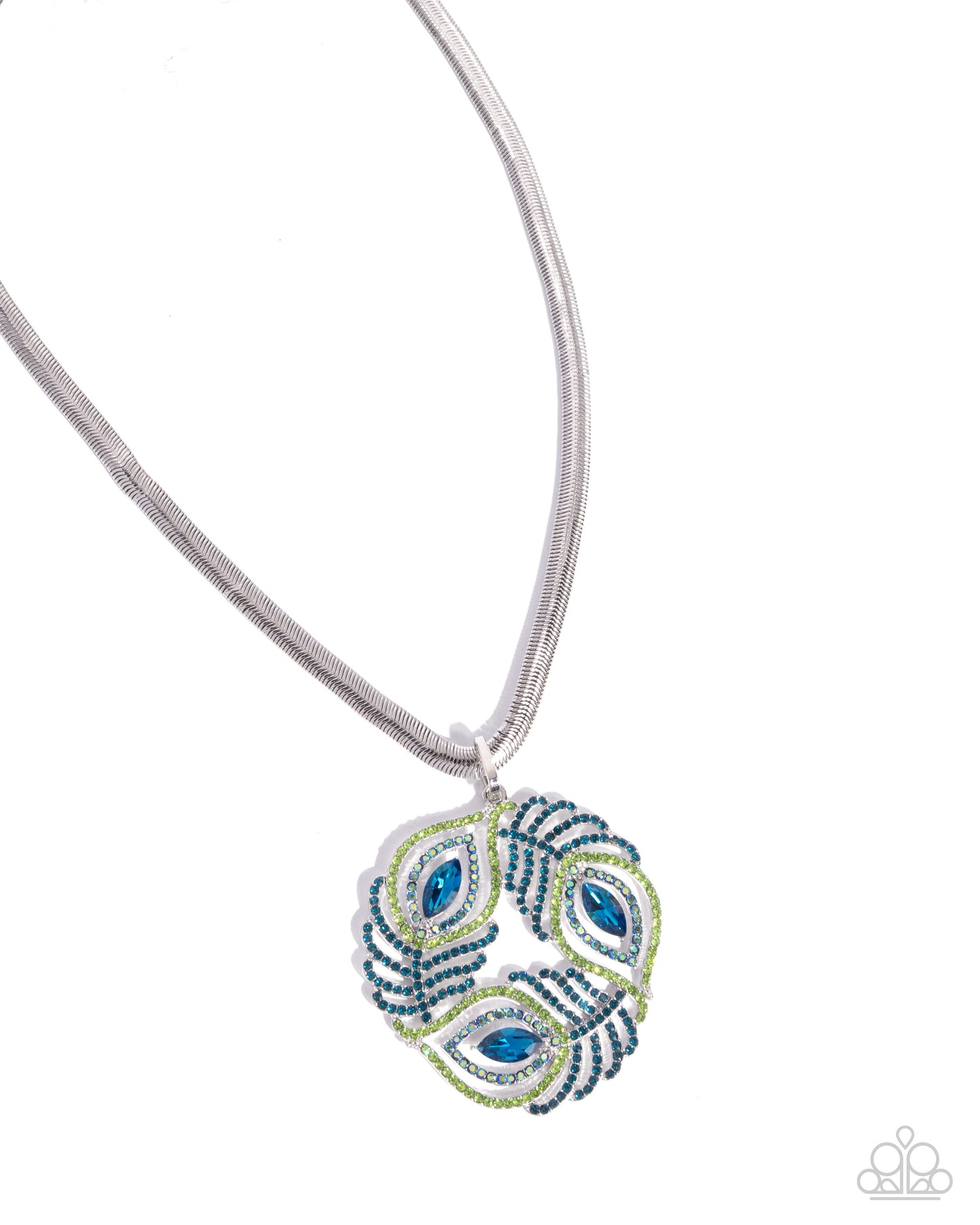 Peacock Patchwork - Multicolored Blue & Green Rhinestone Peacock Feather Inspired Pendant Necklace Paparazzi N3500