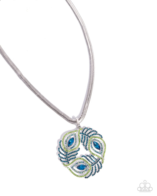 Peacock Patchwork - Multicolored Blue & Green Rhinestone Peacock Feather Inspired Pendant Necklace Paparazzi N3500