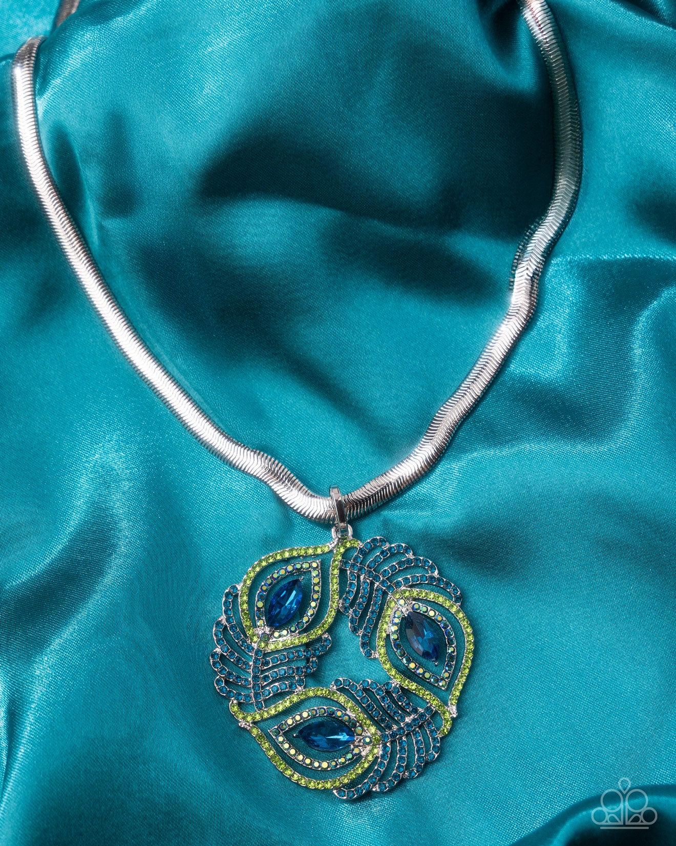 Peacock Patchwork - Multicolored Blue & Green Rhinestone Peacock Feather Inspired Pendant Necklace Paparazzi N3500