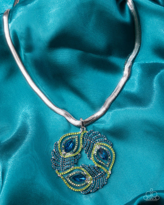 Peacock Patchwork - Multicolored Blue & Green Rhinestone Peacock Feather Inspired Pendant Necklace Paparazzi N3500