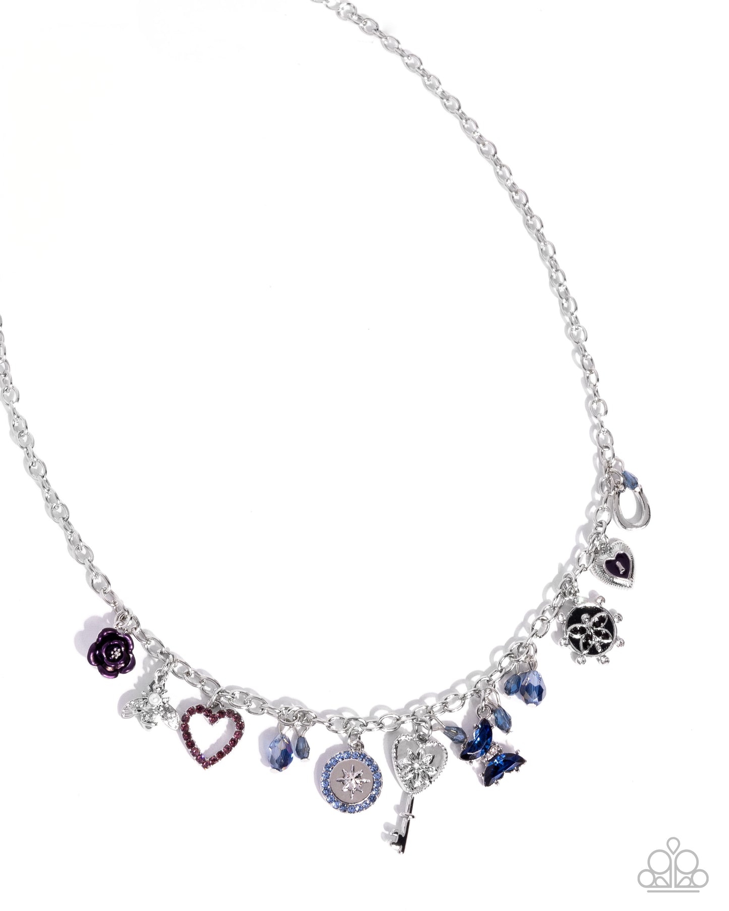 Paparazzi Charming Century - Blue, Plum, Amethyst Rhinestone Silver Vintage Charm Necklace N3902