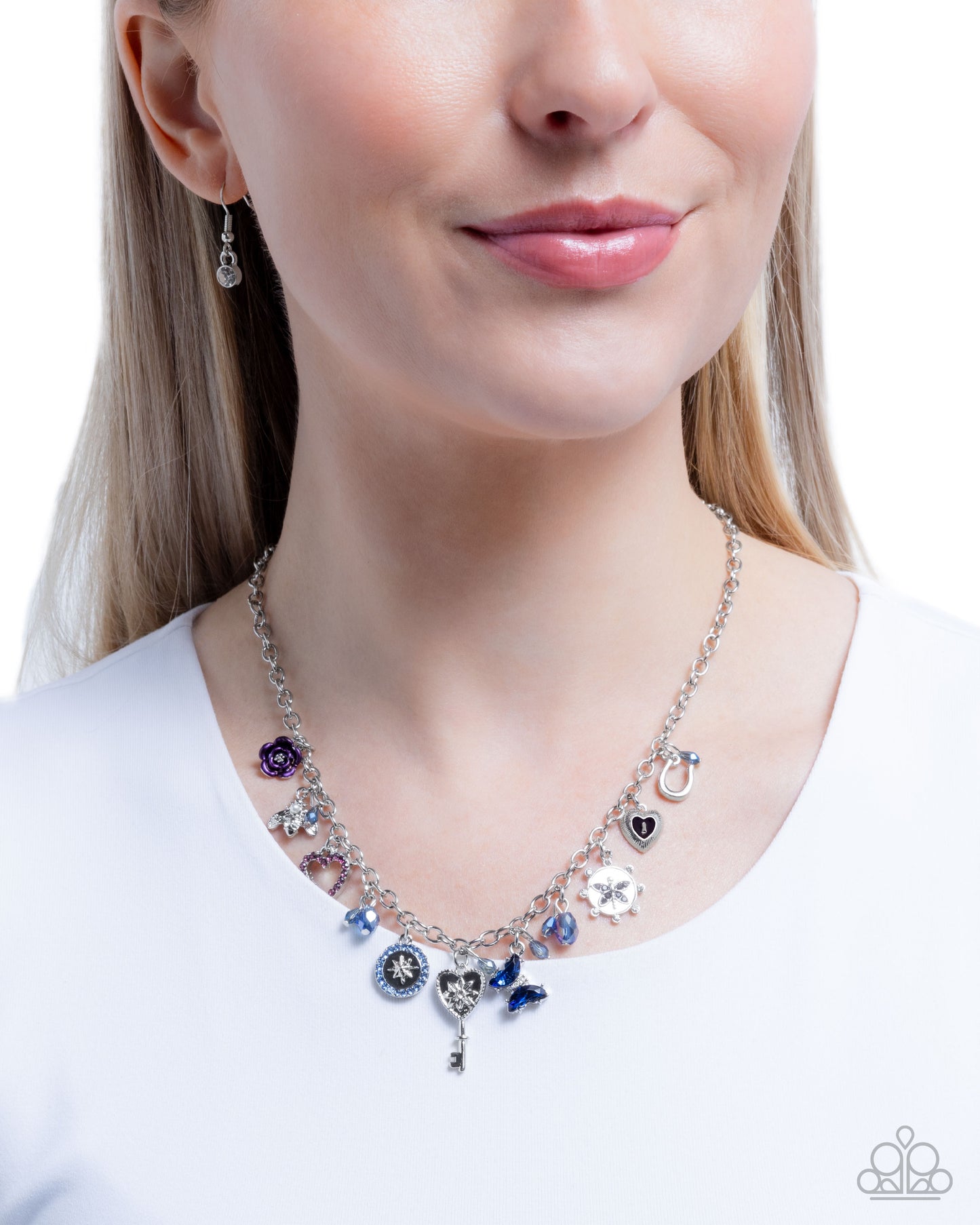 Paparazzi Charming Century - Blue, Plum, Amethyst Rhinestone Silver Vintage Charm Necklace N3902
