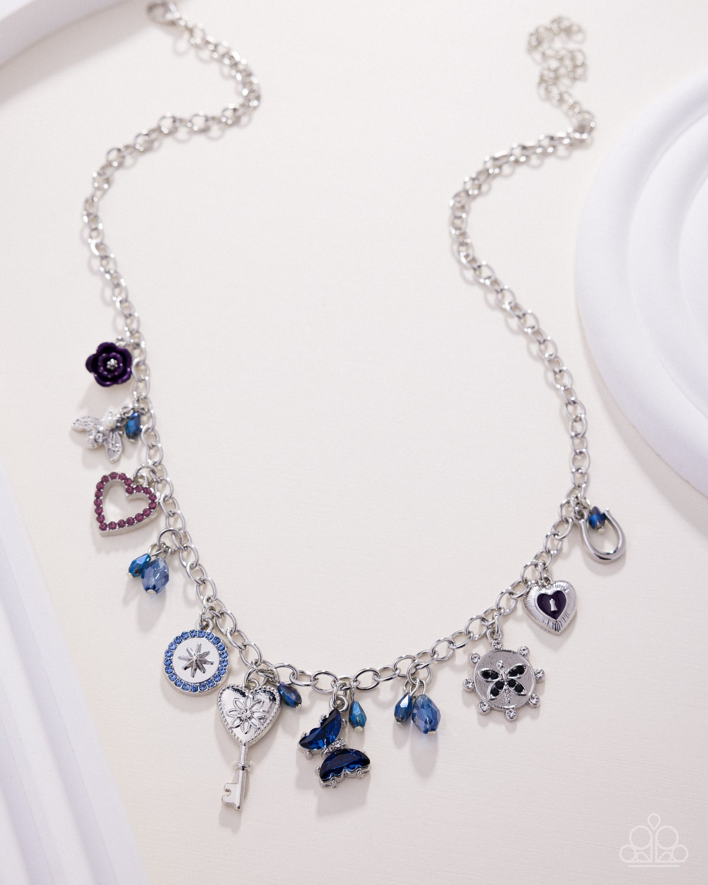 Paparazzi Charming Century - Blue, Plum, Amethyst Rhinestone Silver Vintage Charm Necklace N3902