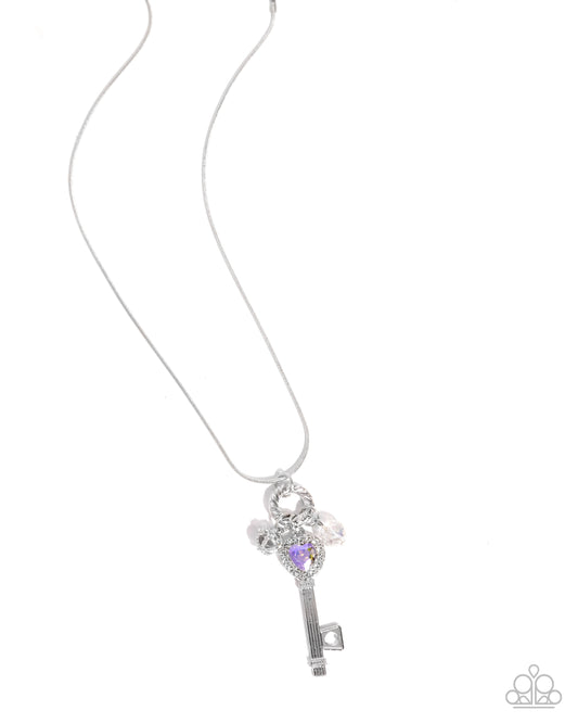 Paparazzi Key to the Kingdom - Purple UV Iridescent Heart Gem Silver Key Necklace N4073