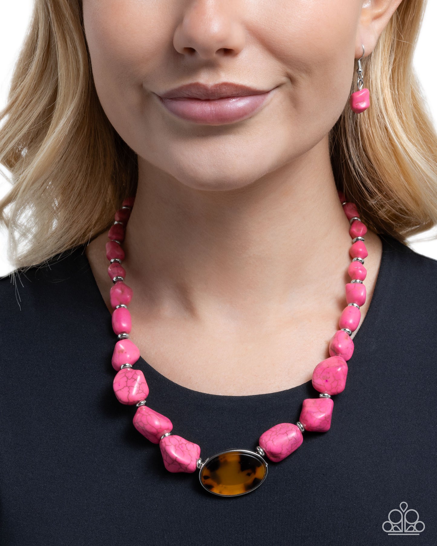 Paparazzi Trailblazing Tortoise - Pink Stone Bead Tortoiseshell Center Piece Santa Fe Style Necklace N3971