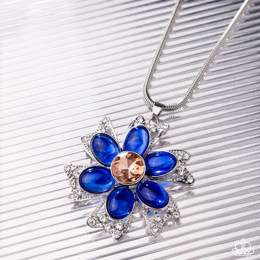 Floral Figurehead - Blue transparent Bead, Peach Gem Flower Necklace Paparazzi N3287