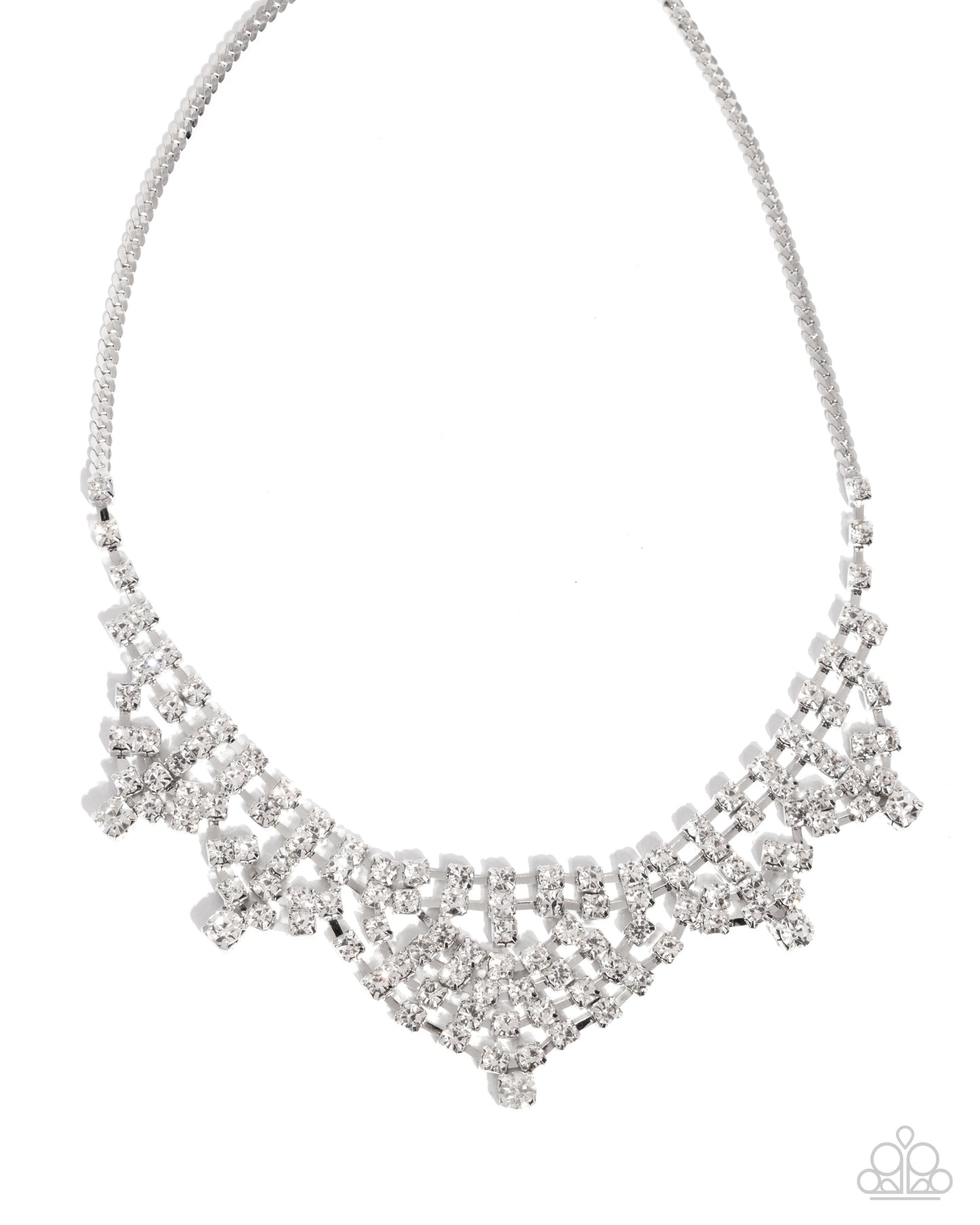 Paparazzi Square Selfie - White Rhinestone Silver Lace Pattern Necklace N3872