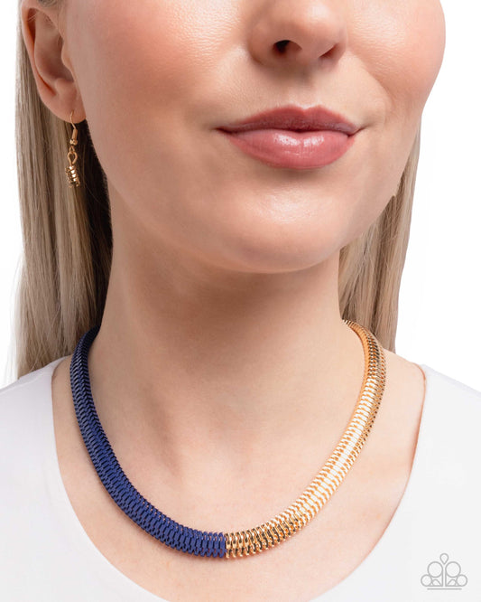 Paparazzi Dynamic Duality - Blue Navy Painted & Gold Snake Chain Statement Collar Necklace