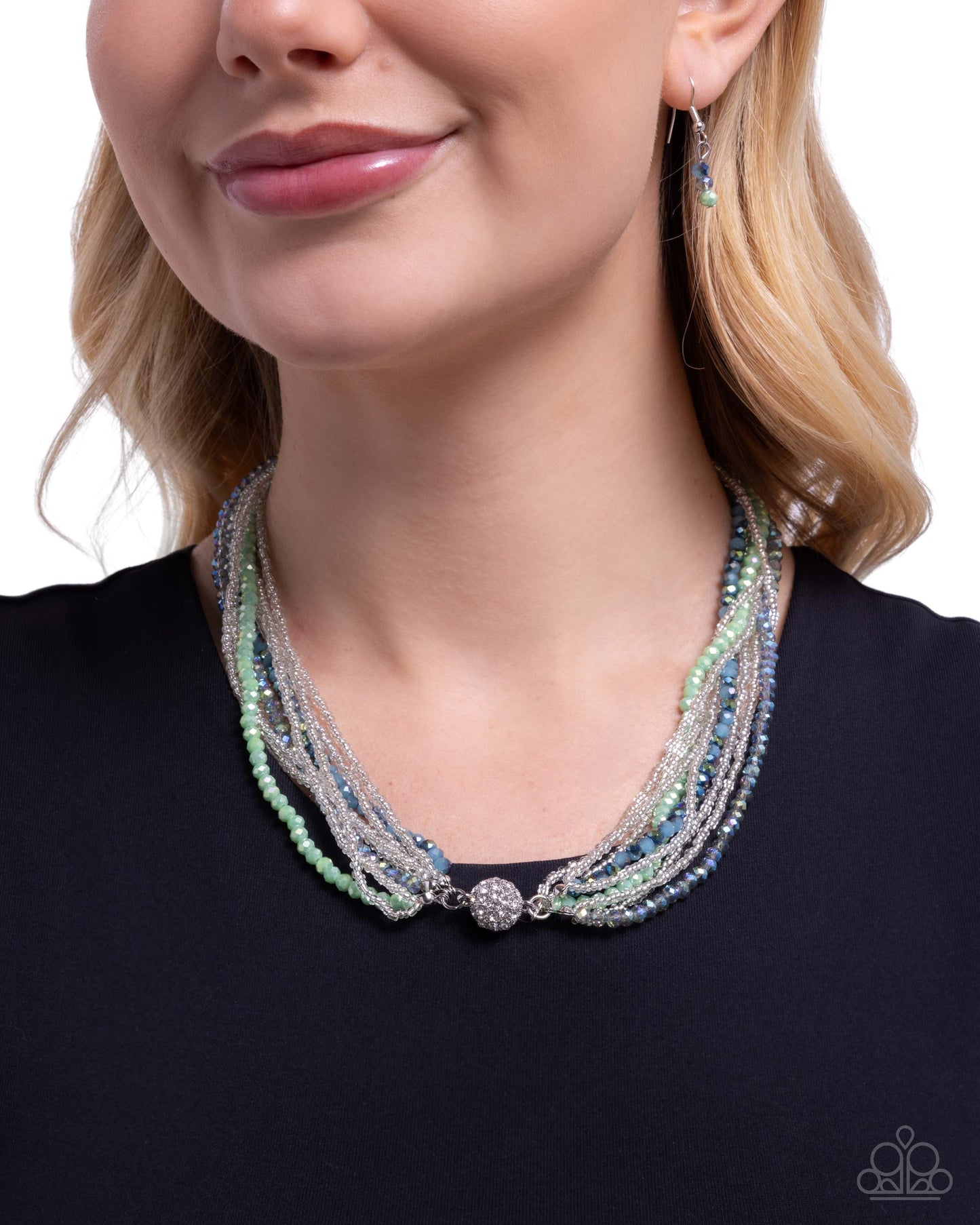 Paparazzi Rushing Radiance - Green, Mint Green, Blue, Silver & Iridescent Finished Bead Multi Strand Necklace