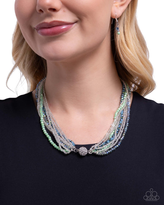 Paparazzi Rushing Radiance - Green, Mint Green, Blue, Silver & Iridescent Finished Bead Multi Strand Necklace