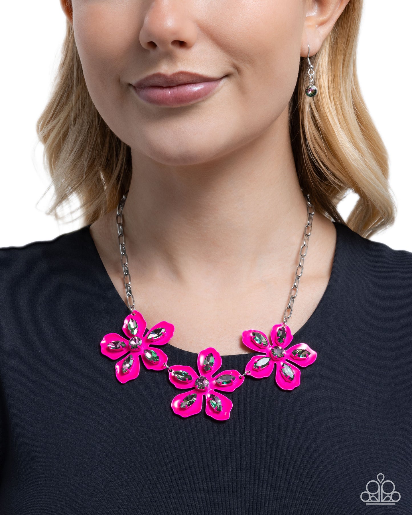 Prismatic Prestige - Pink Peacock Painted Flower & Oil Spil Rhinestone Necklace Paparazzi N3386