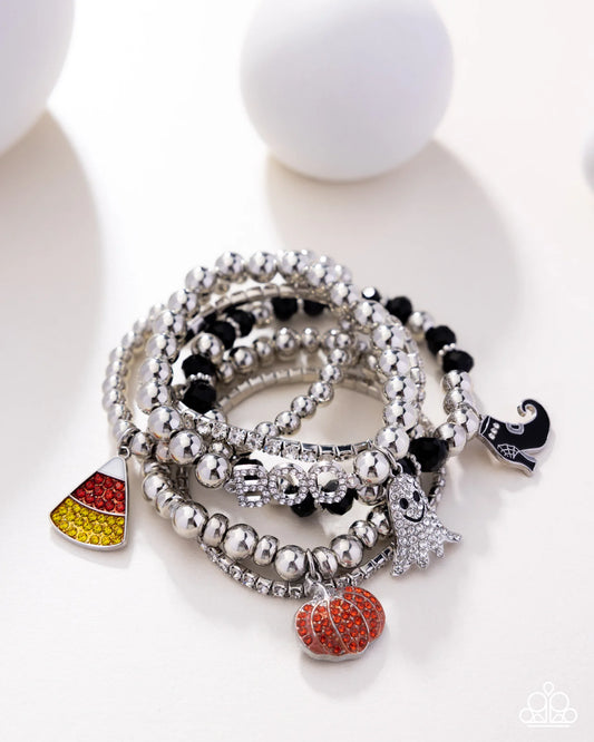 Spooky Shimmer - Multi Halloween Pumpkin Shoe Ghost BOO Black Silver Bead Stretch Bracelet Stack Empire Diamond Exclusive Paparazzi B2439