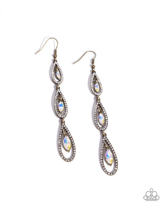 Teardrop Tenure - Brass - Antiqued Brass Teardrop & White Iridescent Rhinestone Gem Earring Paparazzi E3132