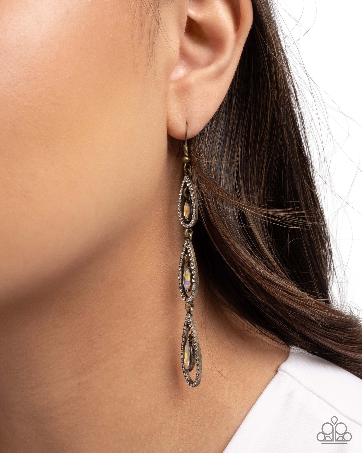 Teardrop Tenure - Brass - Antiqued Brass Teardrop & White Iridescent Rhinestone Gem Earring Paparazzi E3132