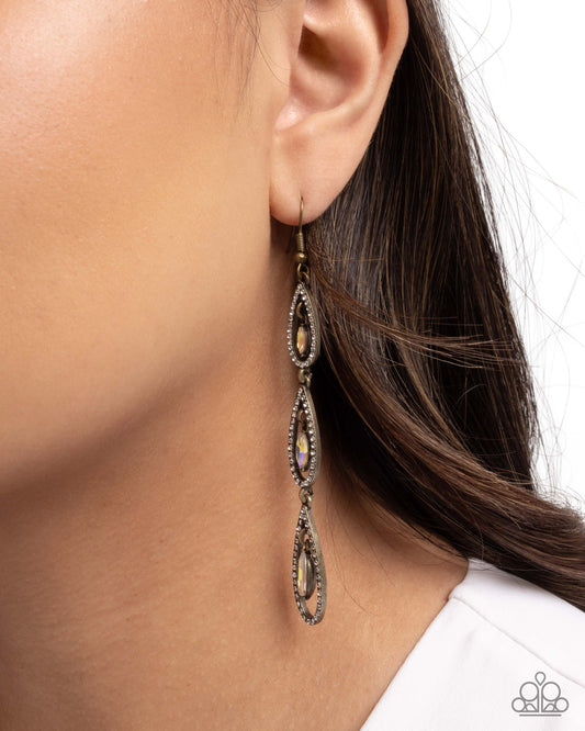 Teardrop Tenure - Brass - Antiqued Brass Teardrop & White Iridescent Rhinestone Gem Earring Paparazzi E3132