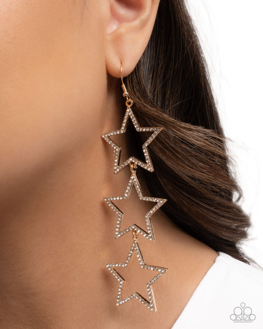 Star-Crossed Success - Gold & White Rhinestone Star Patriotic Earring Paparazzi