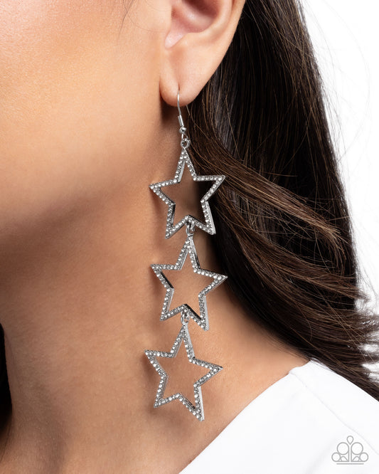 Star-Crossed Success - White Rhinestone & Silver Star Patriotic Earring Paparazzi